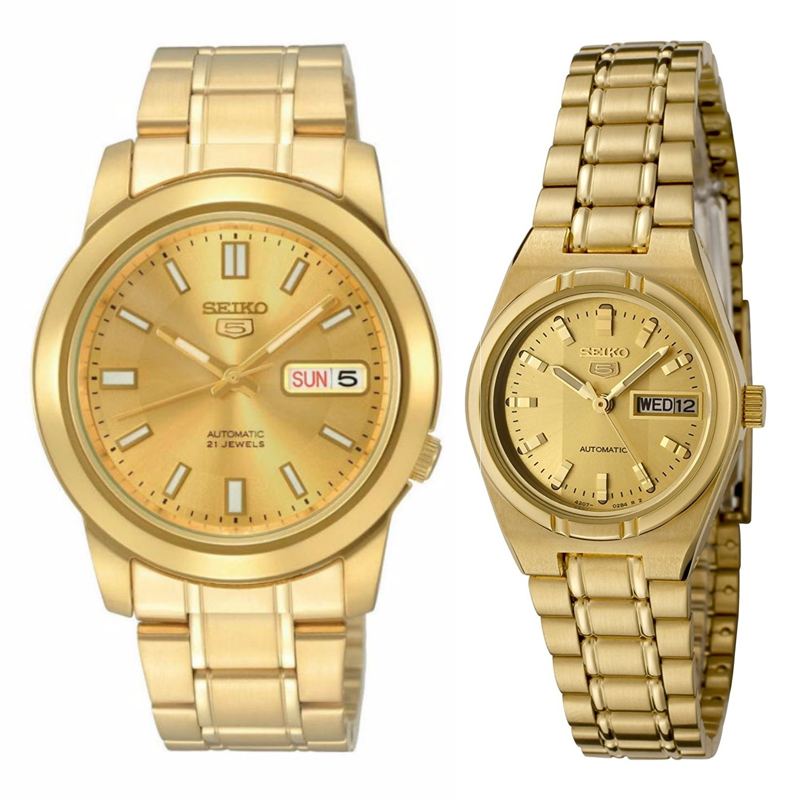Seiko 5 Classic Gold Dial Couple's Gold Stainless Steel Watch Set SNKK20K1+SYM600K1 –