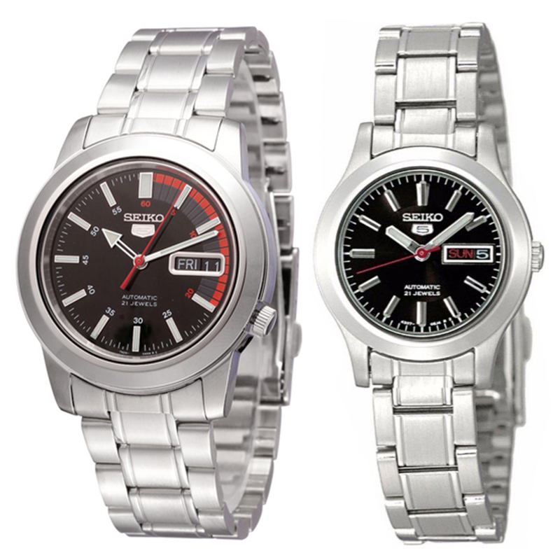 Seiko Classic Black Dial with Red Bar Couple's Stainless Steel Watch Set SNKK31K1+SYMD95K1