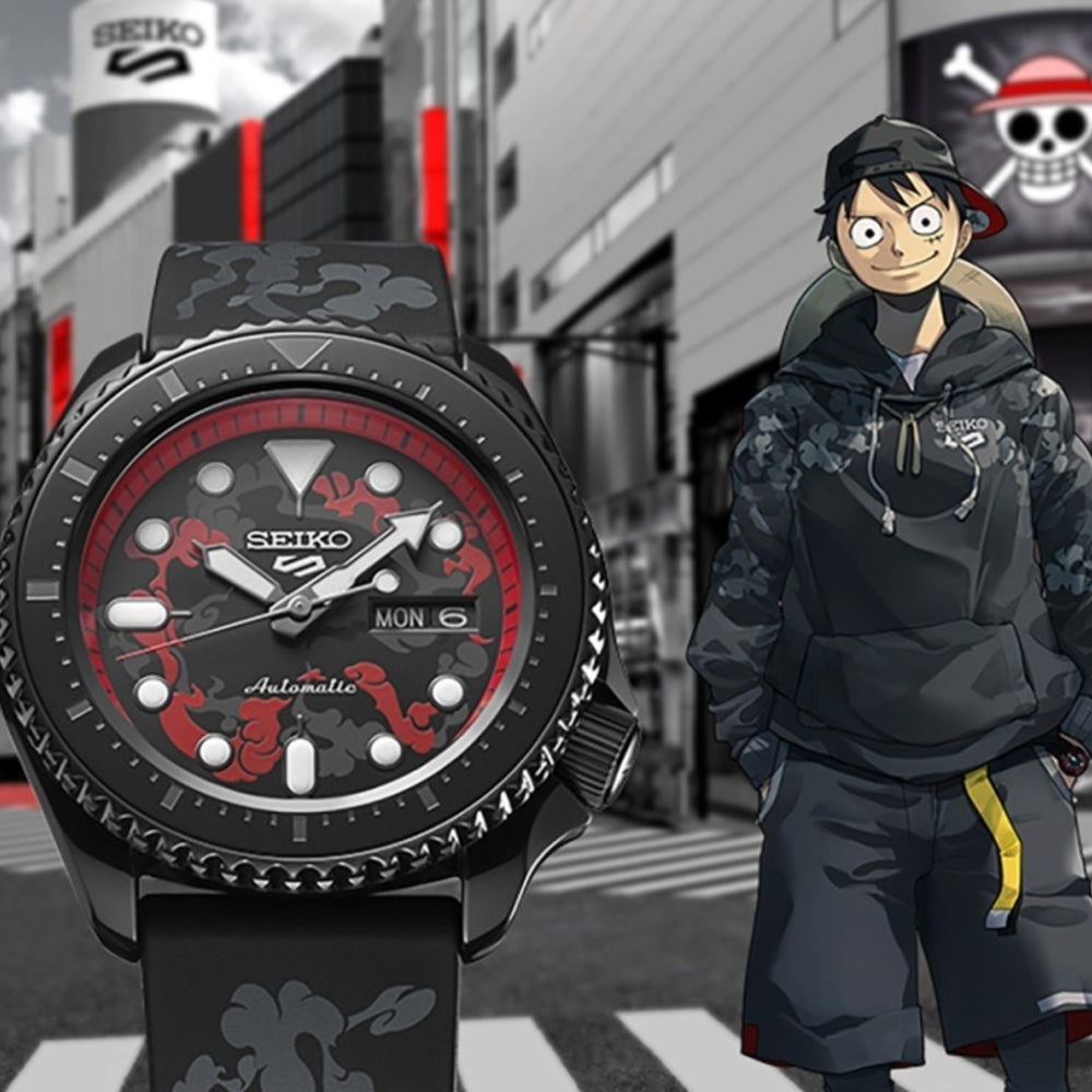 one piece gear 5 watch seiko Seiko 5 Sports 100M One Piece x Luffy LE Automatic Men's Watch Black x Red Dial SRPH65K1 – Prestige