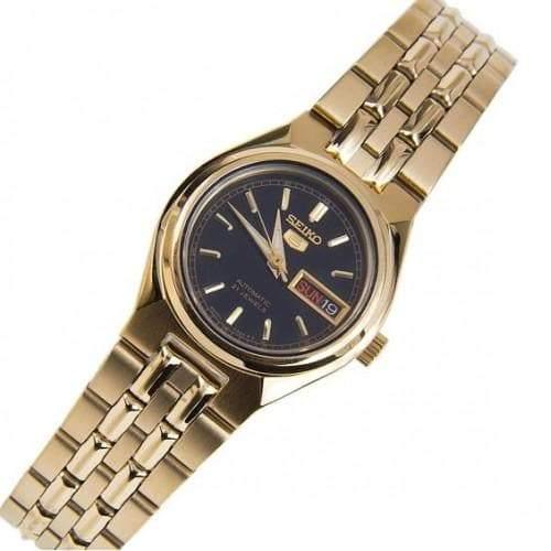 Seiko 5 Classic Ladies Size Black Dial Gold Plated Stainless Steel