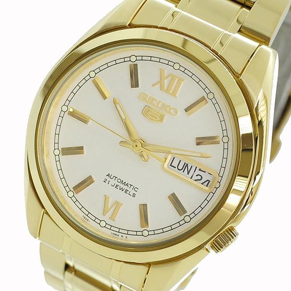 Seiko 5 Classic Men s Size White Dial Gold Plated Stainless Steel Strap Watch SNKL58K1