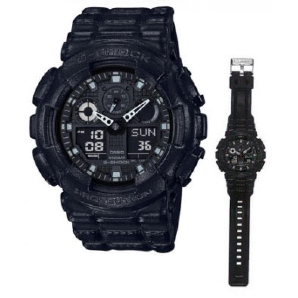 Casio G-Shock Black Out Leather Texture Series Anadigi Black Watch  GA100BT-1ADR