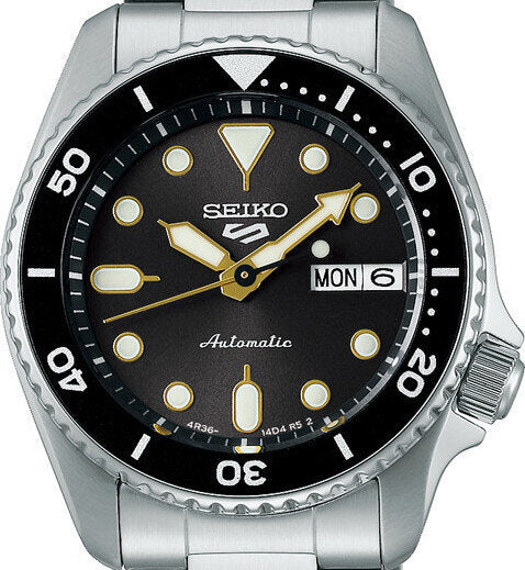 Seiko 5 Sports 100M Automatic Boy Size 38mm Watch Black Bezel Street Stonewash Dial SRPL79K1