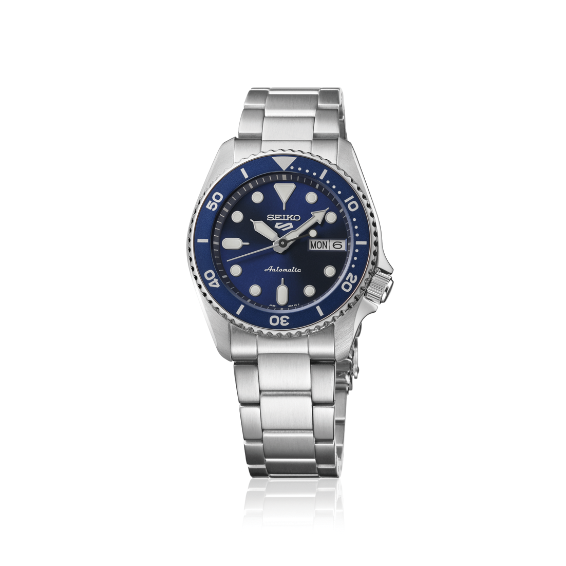 Seiko 5 Sports 100M Automatic Boy Size 38mm Watch Blue Bezel Street Denim Dial SRPL77K1
