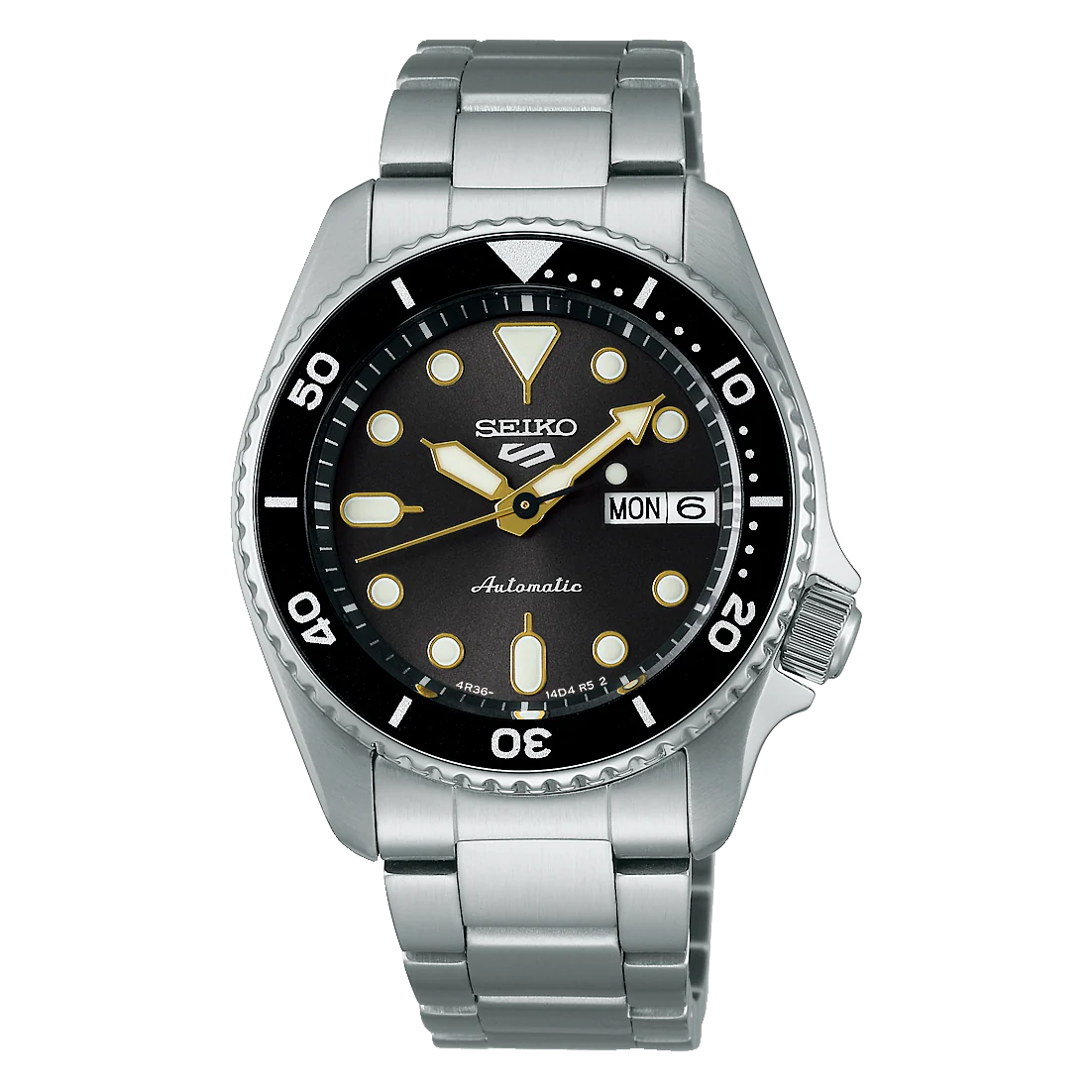 Seiko 5 Sports 100M Automatic Boy Size 38mm Watch Black Bezel Street Stonewash Dial SRPL79K1