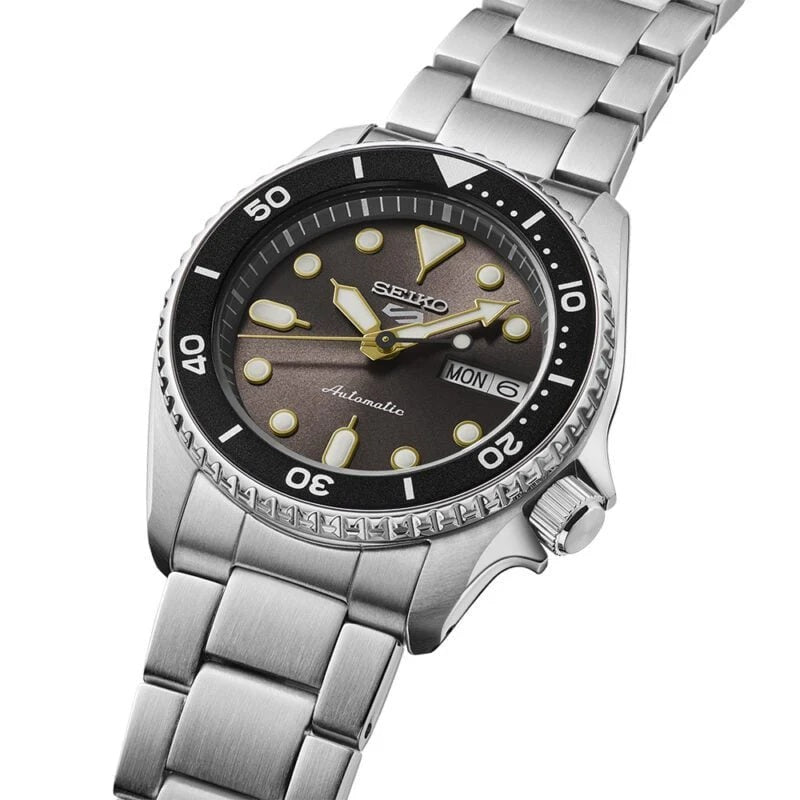 Seiko 5 Sports 100M Automatic Boy Size 38mm Watch Black Bezel Street Stonewash Dial SRPL79K1