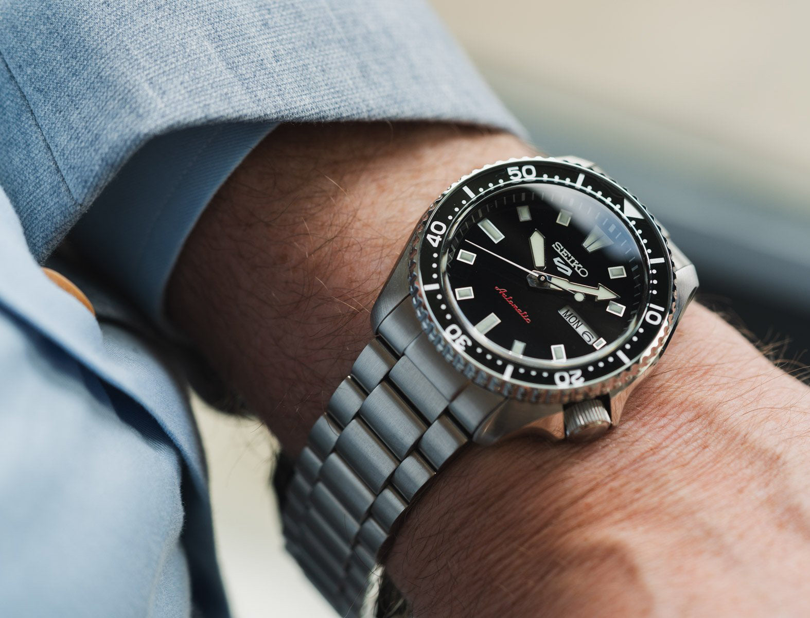 Seiko 5 100M Kuro Black Dial Automatic Stainless Steel Watch SRPL85K1