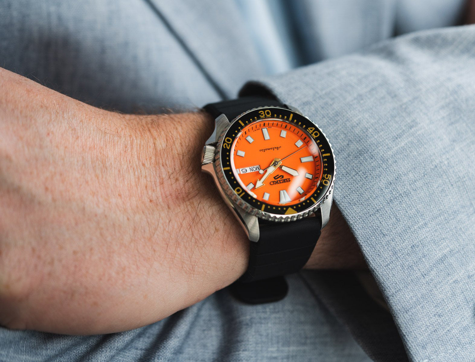 Seiko 5 100M Daichi Orange Dial Automatic Rubber Strap Watch SRPL89K1