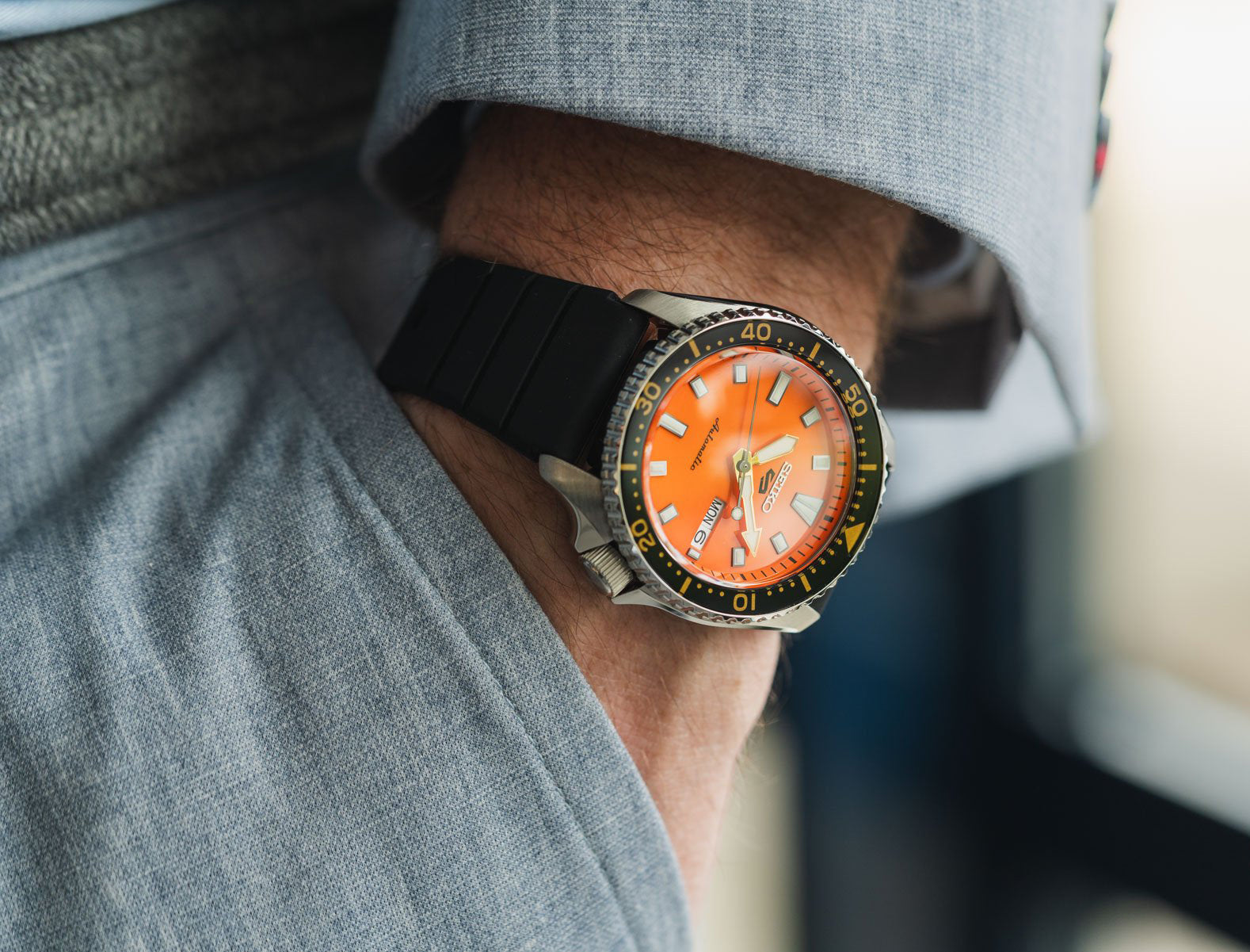 Seiko 5 100M Daichi Orange Dial Automatic Rubber Strap Watch SRPL89K1