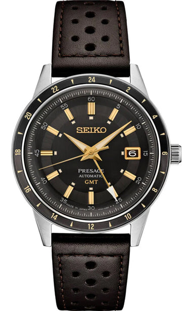 Seiko Presage Style 60 Fume Grey Dial GMT Men's Dark Brown Leather Strap Watch SSK013J1