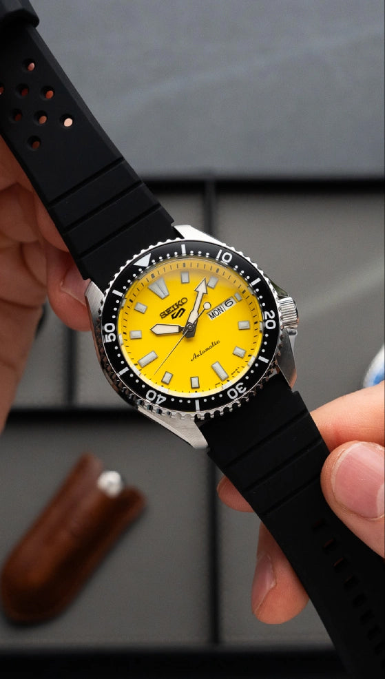 Seiko 5 100M Ki-Iro Yellow Dial Automatic Rubber Strap Watch SRPL87K1
