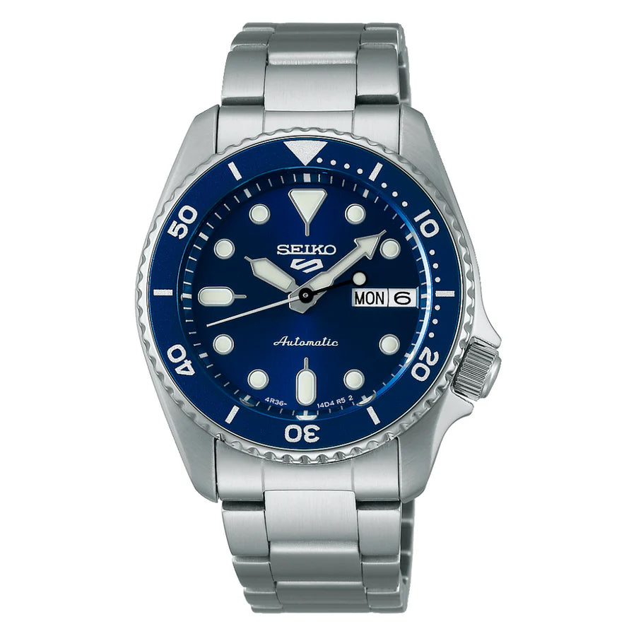 Seiko 5 Sports 100M Automatic Boy Size 38mm Watch Blue Bezel Street Denim Dial SRPL77K1