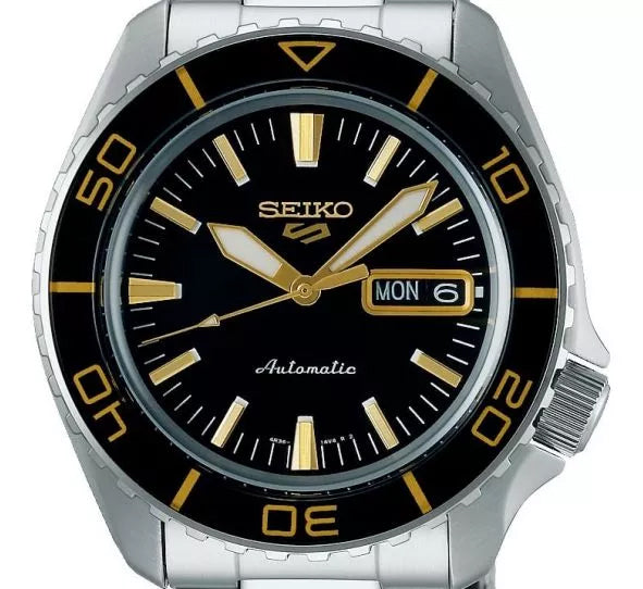 Seiko 5 Sports SNZH5 Reissue Black with Gold Bezel 55 Fathoms Men's Watch SRPK99K1