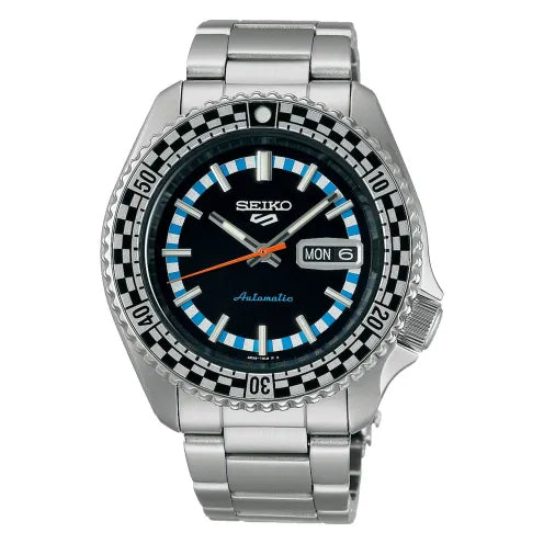 Seiko 5 100M X Black and White Checkered Flag Timer Special Edition Automatic Watch SRPK67K1