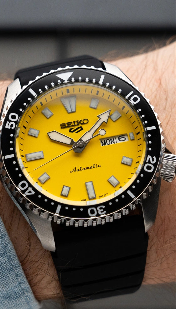 Seiko 5 100M Ki-Iro Yellow Dial Automatic Rubber Strap Watch SRPL87K1