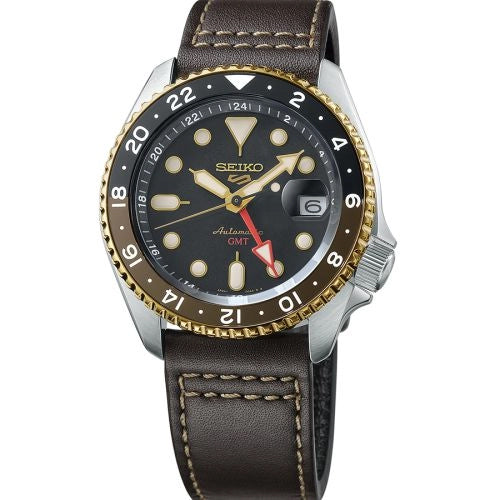 Seiko 5 100M GMT Style Black Dial Rootbeer Automatic Watch Leather Strap SSK036K1