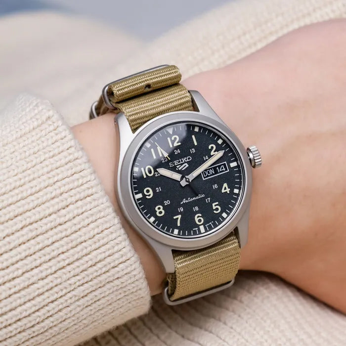 Seiko 5 100M Field Sports Style Black Dial Automatic Nato Strap Watch SRPG35K1