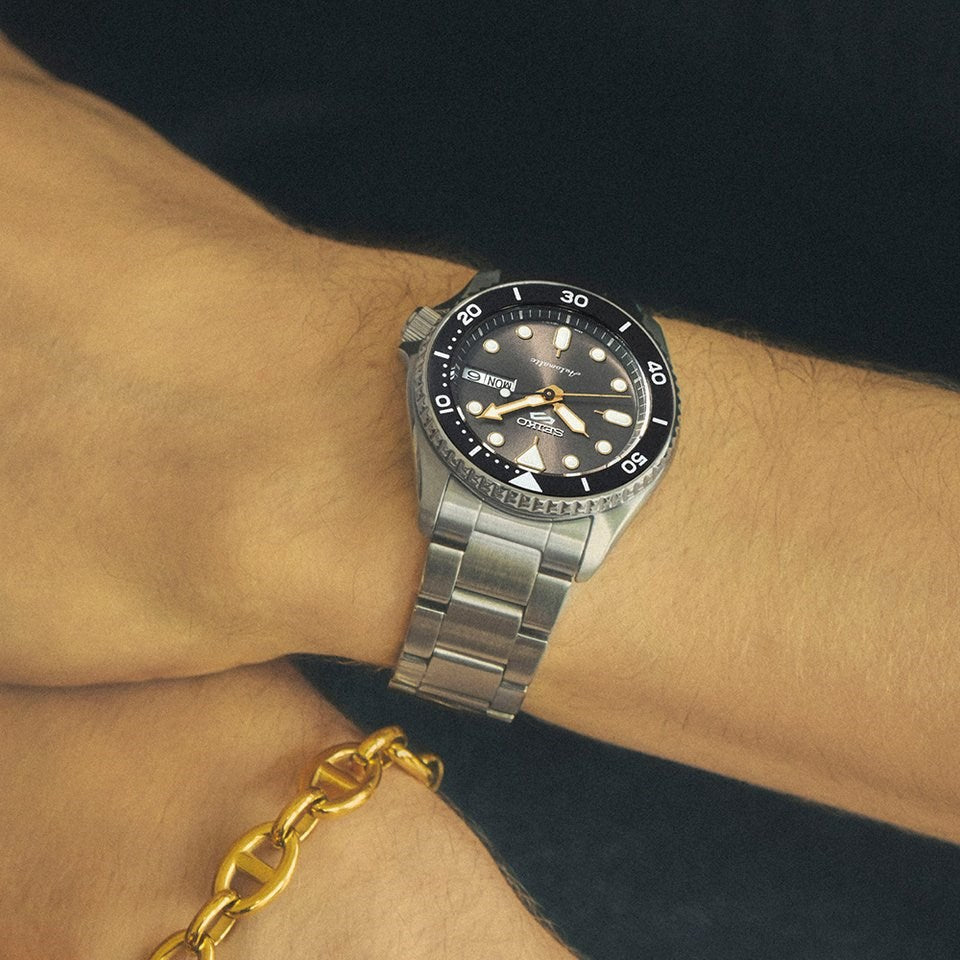 Seiko 5 Sports 100M Automatic Boy Size 38mm Watch Black Bezel Street Stonewash Dial SRPL79K1