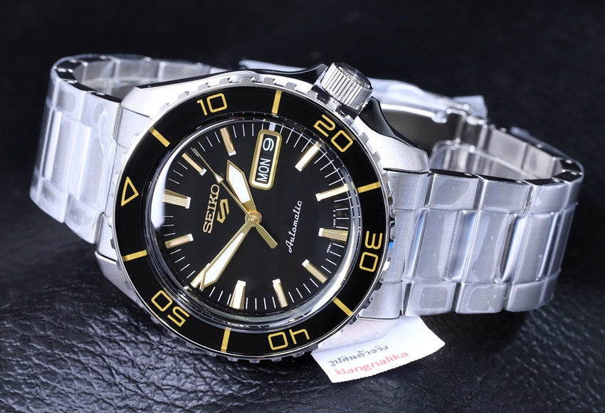 Seiko 5 Sports SNZH5 Reissue Black with Gold Bezel 55 Fathoms Men's Watch SRPK99K1