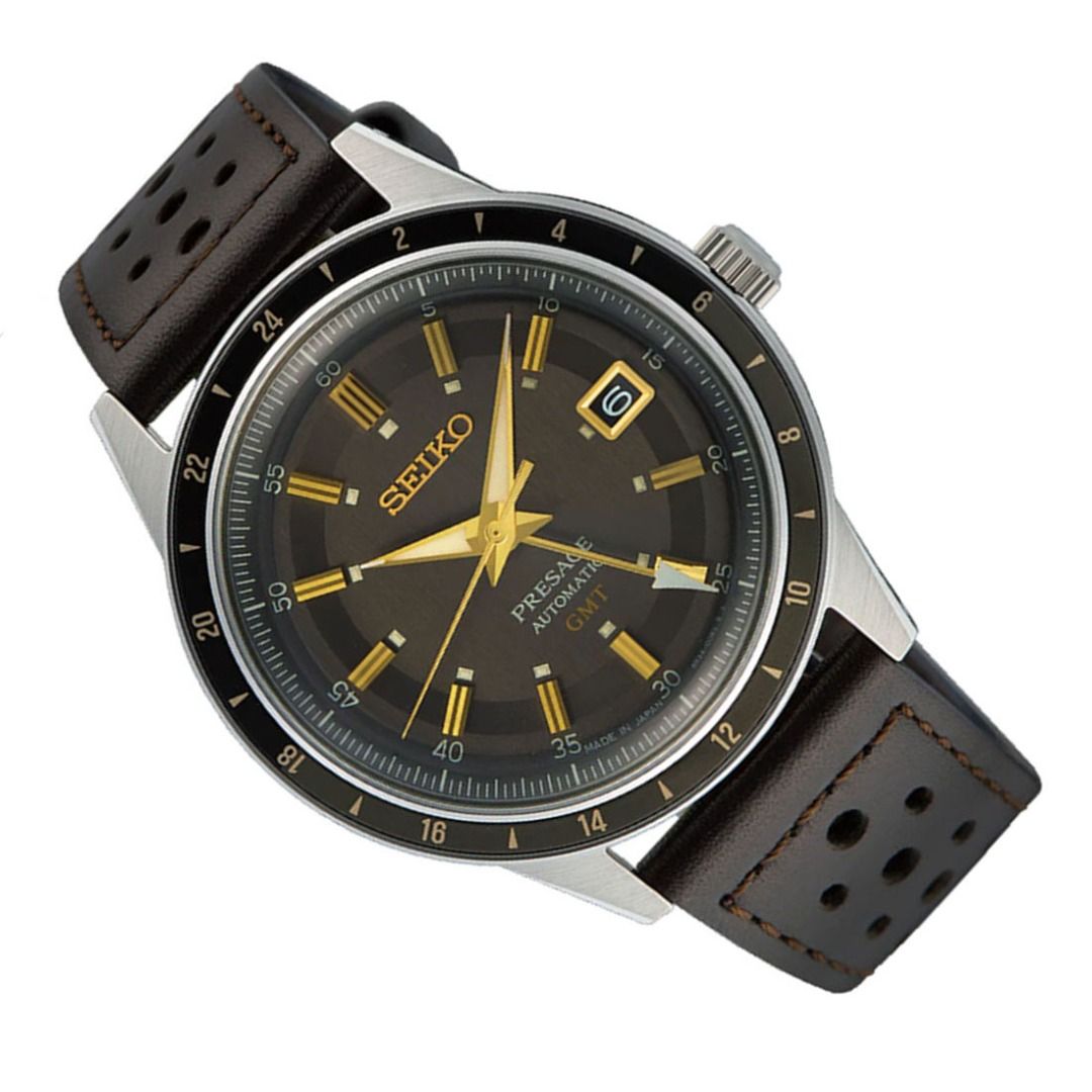 Seiko Presage Style 60 Fume Grey Dial GMT Men's Dark Brown Leather ...