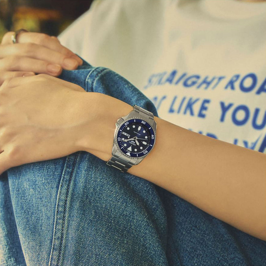 Seiko 5 Sports 100M Automatic Boy Size 38mm Watch Blue Bezel Street Denim Dial SRPL77K1
