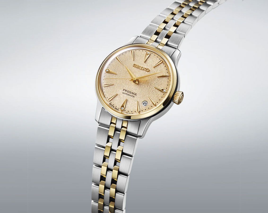 Seiko Japan Made Presage Cocktail Time "Frozen Banana Daiquiri" Ladies' 2-Tone Gold-Plated Stainless Steel SRPL64J1