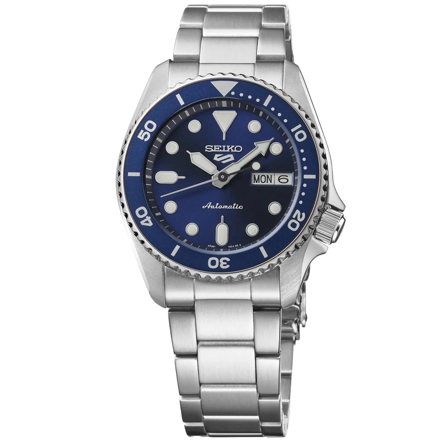 Seiko 5 Sports 100M Automatic Boy Size 38mm Watch Blue Bezel Street Denim Dial SRPL77K1