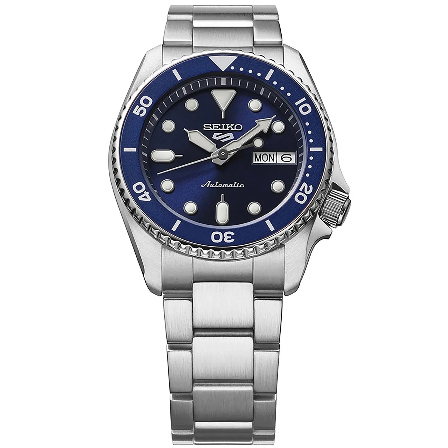 Seiko 5 Sports 100M Automatic Boy Size 38mm Watch Blue Bezel Street Denim Dial SRPL77K1