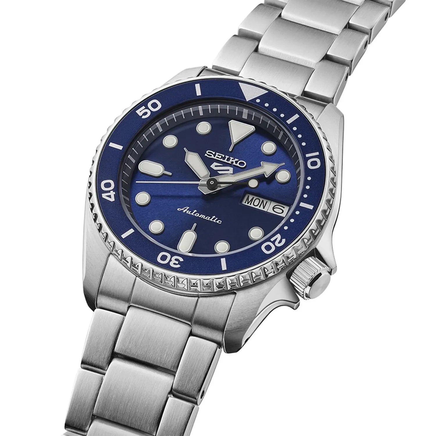 Seiko 5 Sports 100M Automatic Boy Size 38mm Watch Blue Bezel Street Denim Dial SRPL77K1