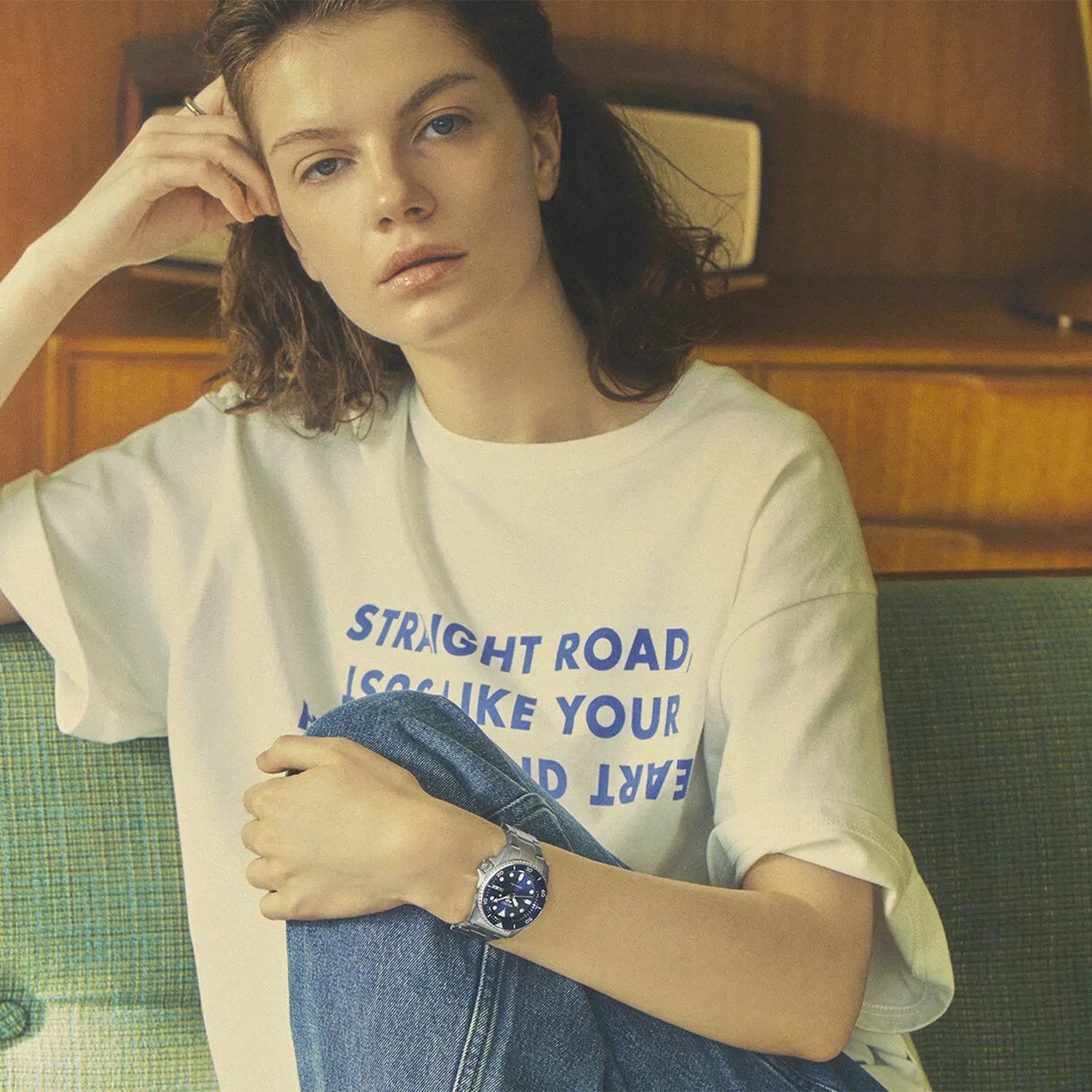 Seiko 5 Sports 100M Automatic Boy Size 38mm Watch Blue Bezel Street Denim Dial SRPL77K1