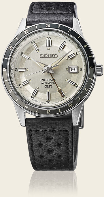Seiko Presage Style 60 Silver Dial GMT Men's Black Leather Strap Watch SSK011J1