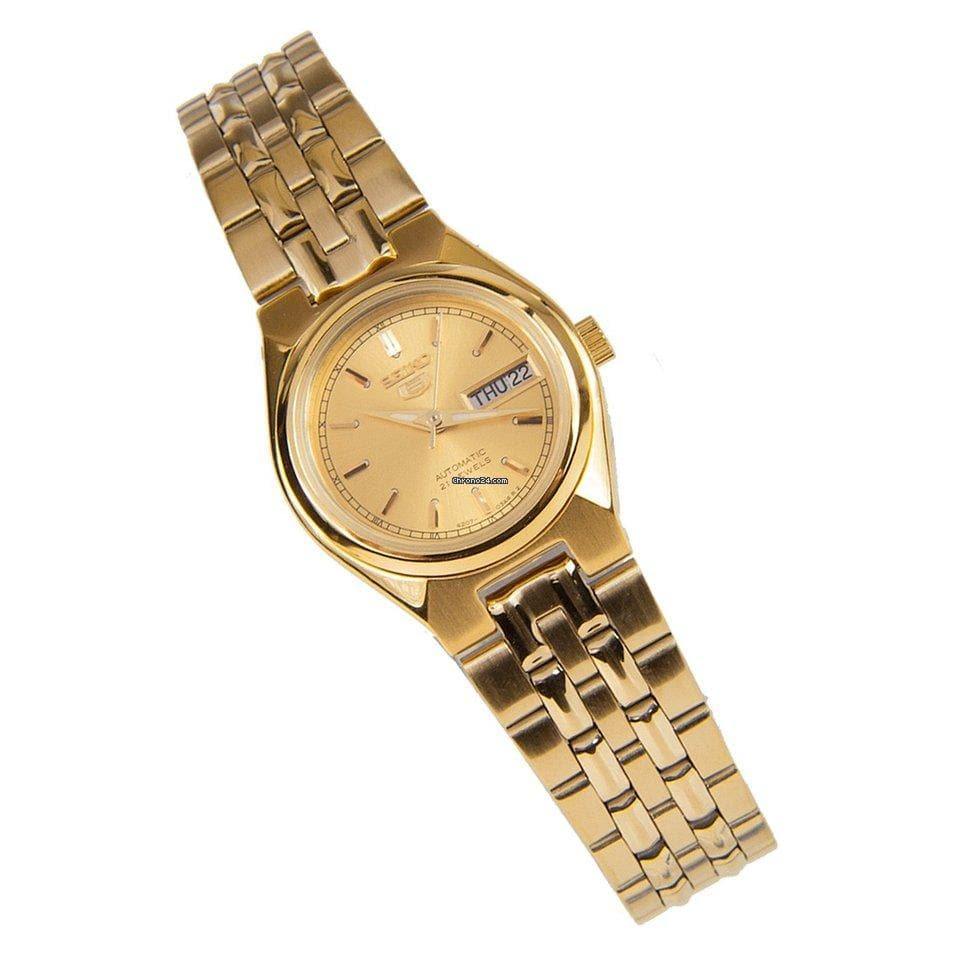 Seiko 5 Classic Ladies Size Gold Dial Gold Plated Stainless Steel Strap Watch SYMA04K1 - Prestige