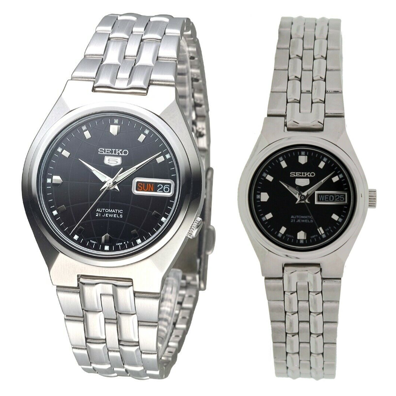 Seiko 5 Classic Black Dial Couple's Stainless Steel Watch Set SNKL71K1+SYMK43K1 - Prestige