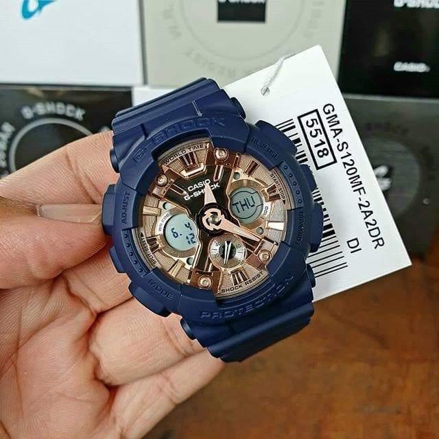 Casio G-Shock Anadigi Rose Gold Metallic Face Ladies' Blue Watch GMAS120MF-2A2DR - Prestige