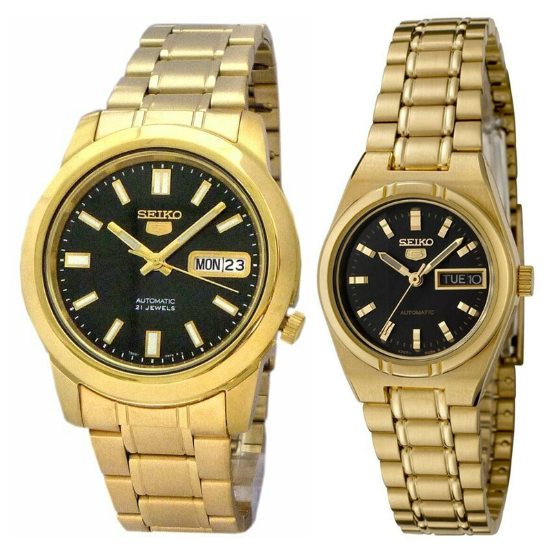 Seiko 5 Classic Black Dial Couple's Gold Plated Stainless Steel Watch Set SNKK22K1+SYM602K1 - Prestige