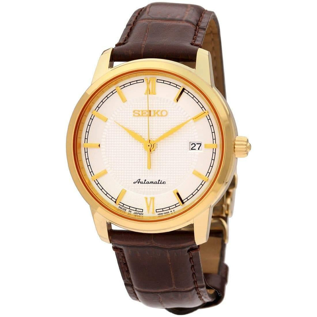 Seiko Japan Made Pre- Presage Silver Dial Gold Plated Men's Brown Leather Strap Watch SRPA14J1 - Prestige