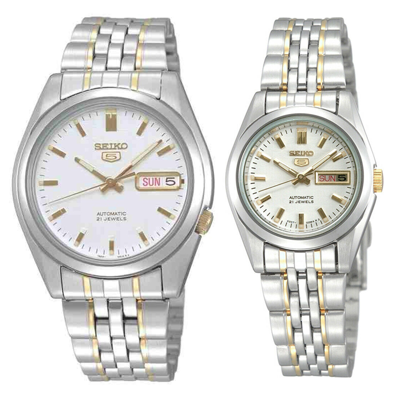 Seiko 5 Classic White Dial Couple's 2 tone Gold Plated Stainless Steel Watch Set SNK363K1+SYMA35K1 - Prestige