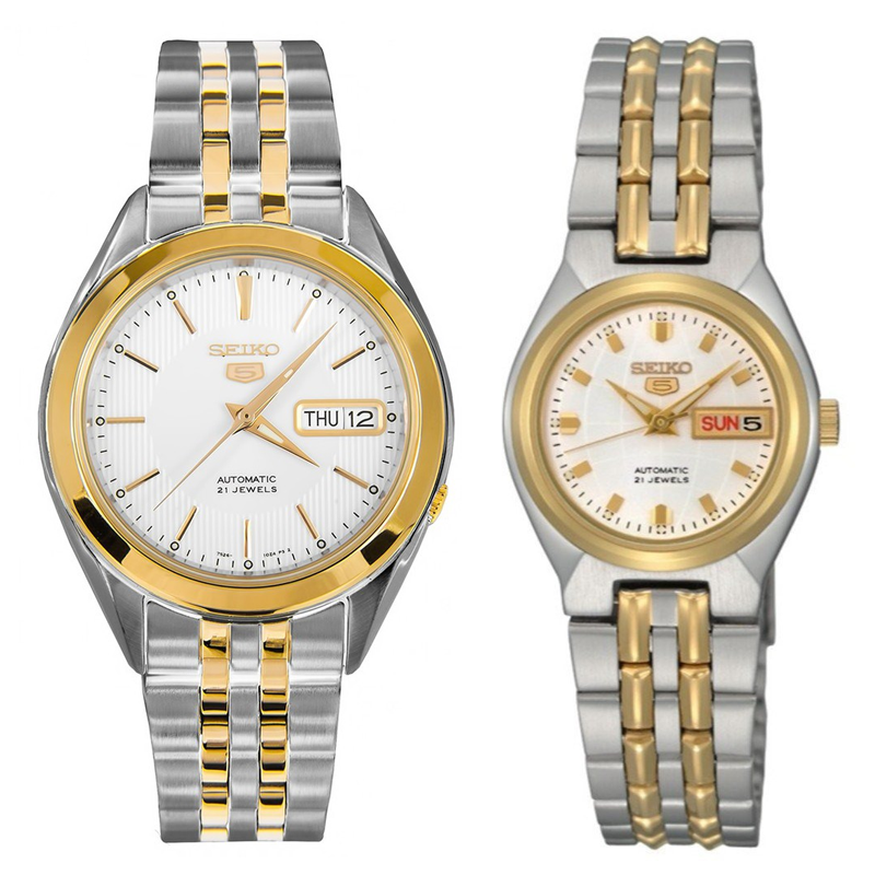 Seiko 5 Classic White Dial Couple's 2 tone Gold Plated Stainless Steel Watch Set SNKL24K1+SYMK44K1 - Prestige