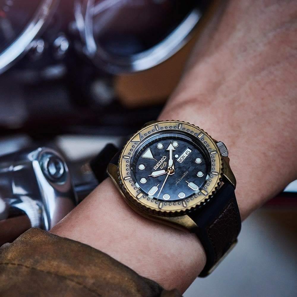 Seiko 5 Sports 100M Automatic Men's Patterned Black Dial Bronze Plated Case Leather Strap Watch SRPE80K1 - Prestige