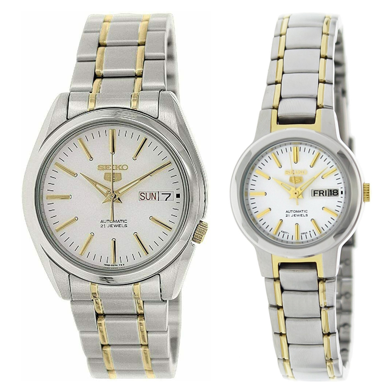 Seiko 5 Classic White Dial Couple's 2 tone Gold Plated Stainless Steel Watch Set SNKL47K1+SYME44K1 - Prestige