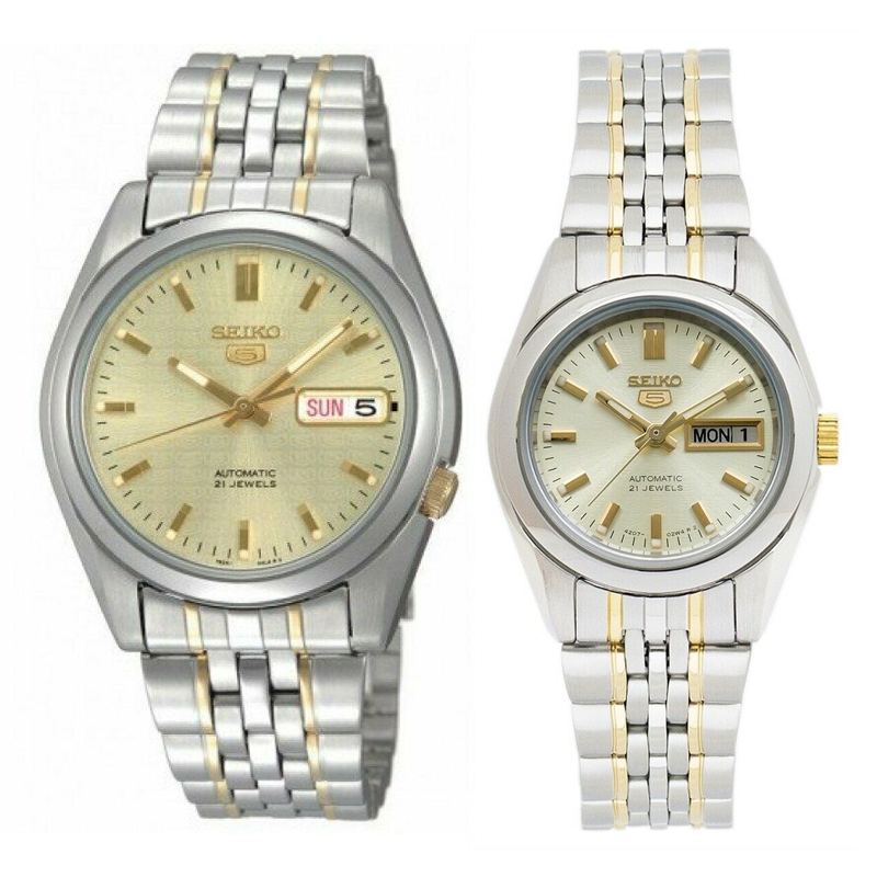 Seiko 5 Classic Gold+White Dial Couple's 2 tone Gold Plated Stainless Steel Watch Set SNK365K1+SYMA37K1 - Prestige