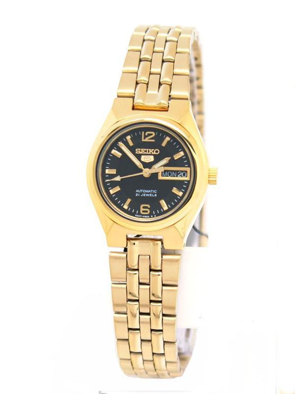 Seiko 5 Classic Ladies Size Black Dial Gold Plated Stainless Steel Strap Watch SYMK38K1 - Prestige