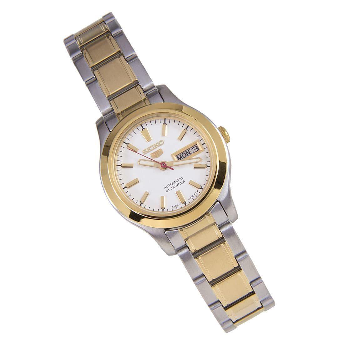 Seiko 5 Classic Ladies Size White Dial 2 Tone Gold Plated Stainless Steel Strap Watch SYMD90K1 - Prestige