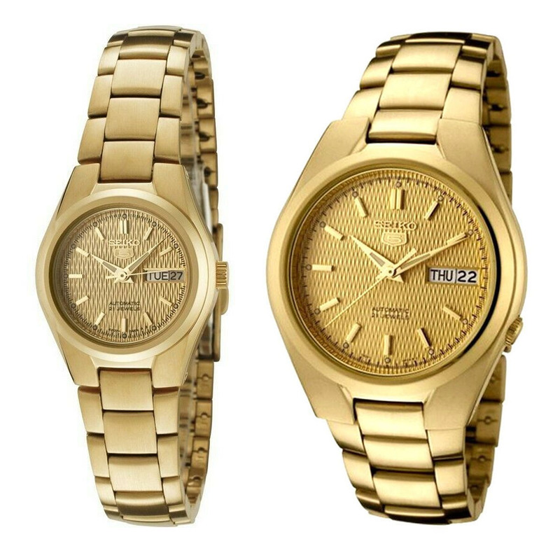 Seiko 5 Classic Gold Dial Couple's Gold Plated Stainless Steel Watch Set SNK610K1+SYMC18K1 - Prestige