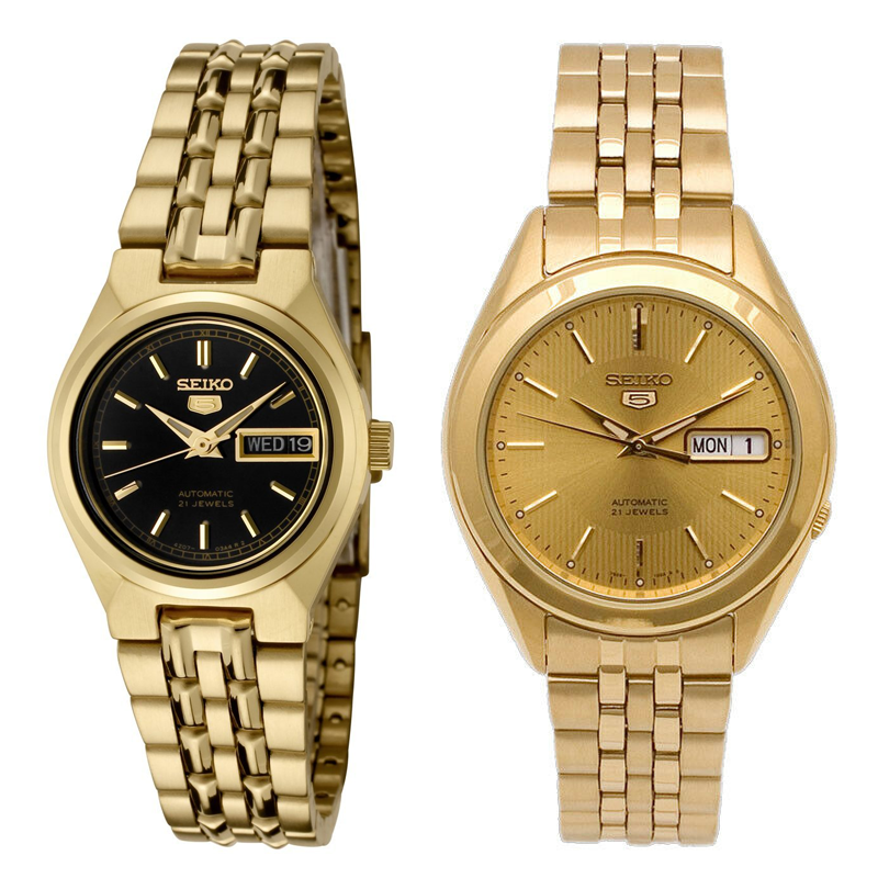 Seiko 5 Classic Gold+Black Dial Couple's Gold Plated Stainless Steel Watch Set SNKL28K1+SYMA06K1 - Prestige