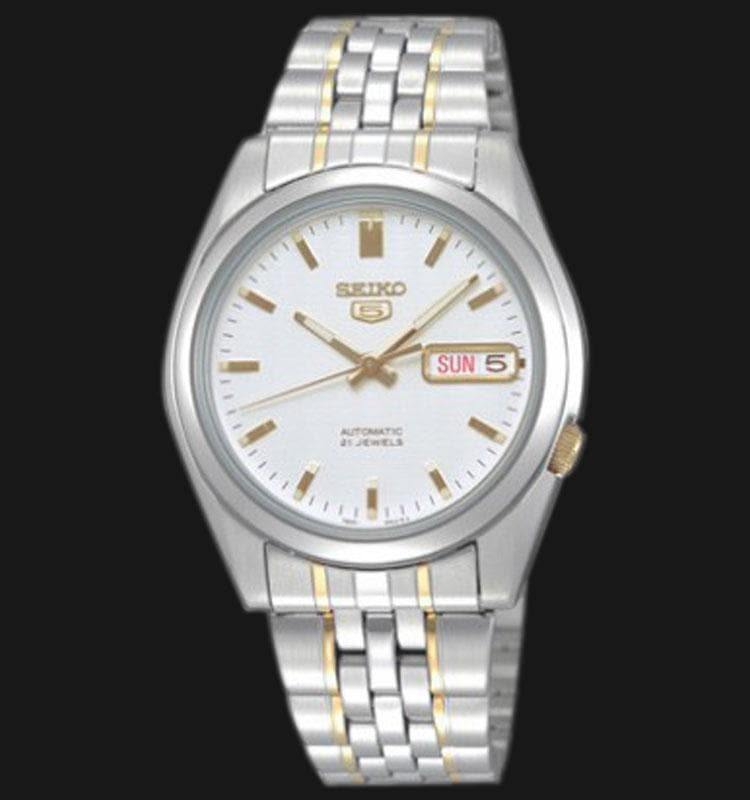 Seiko 5 Classic Men's Size White Dial 2 Tone Gold Plated Stainless Steel Strap Watch SNK363K1 - Prestige
