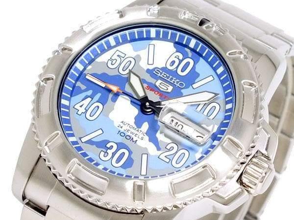 Seiko 5 Sports Military 100M Camo Blue Dial Automatic Men's Watch SRP223K1 - Prestige