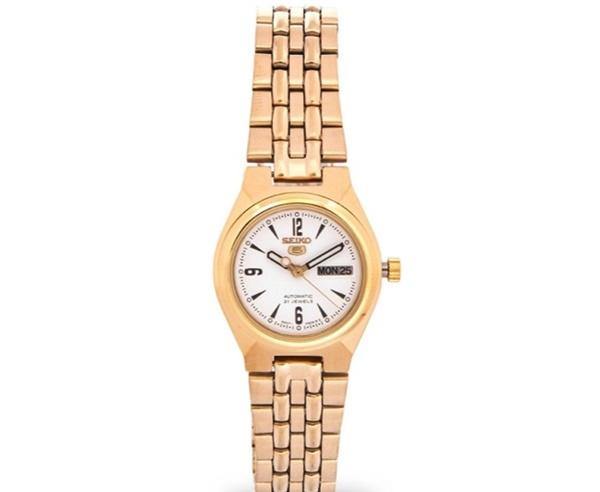 Seiko 5 Classic Ladies Size White Dial Gold Plated Stainless Steel Strap Watch SYMA22K1 - Prestige