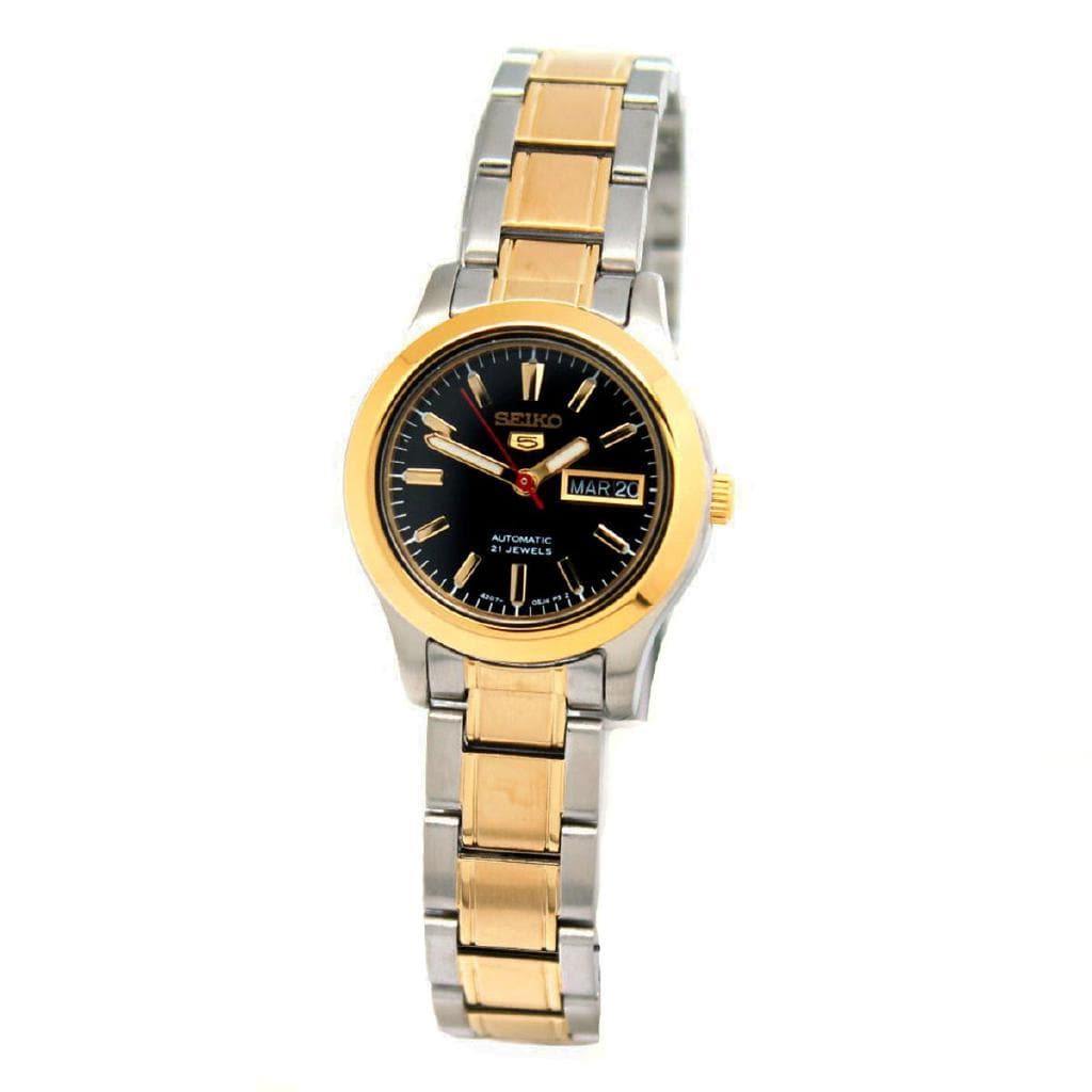 Seiko 5 Classic Ladies Size Black Dial 2 Tone Gold Plated Stainless Steel Strap Watch SYMD94K1 - Prestige