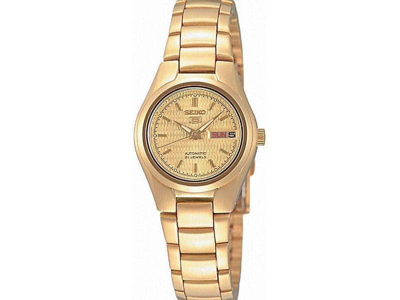 Seiko 5 Classic Ladies Size Gold Dial Gold Plated Stainless Steel Strap Watch SYMC18K1 - Prestige